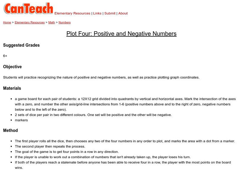 Can Teach: Plot Four: Positive and Negative Numbers Lesson Plan Can Teach: Plot Four: Positive and Negative Numbers Lesson Plan