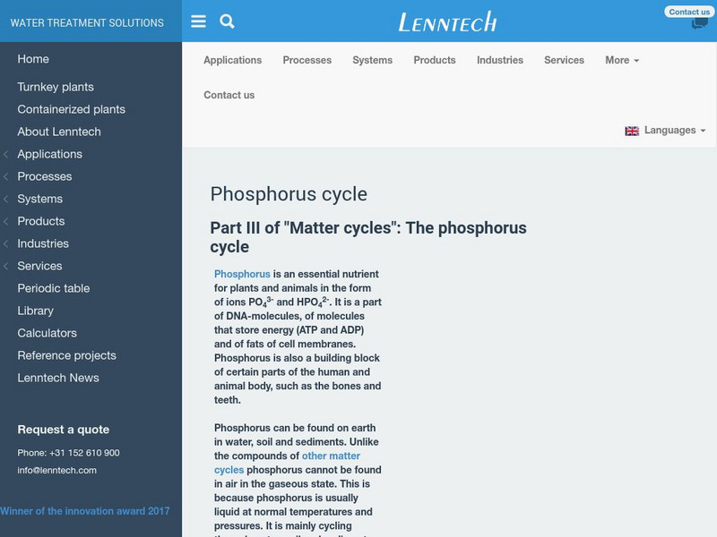 Lenntech: The Phosphorus Cycle Handout Lenntech: The Phosphorus Cycle Handout