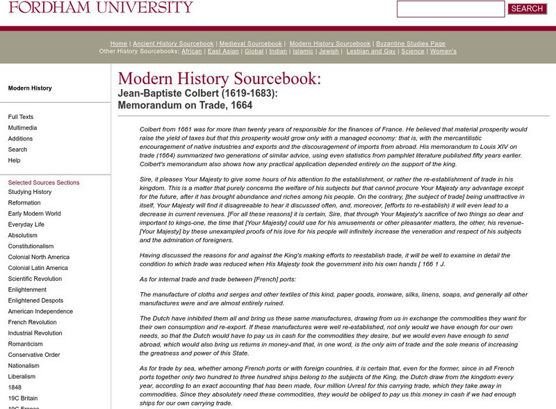 Fordham University: Modern History Sourcebook: Memorandum on Trade, 1664 Primary Fordham University: Modern History Sourcebook: Memorandum on Trade, 1664 Primary