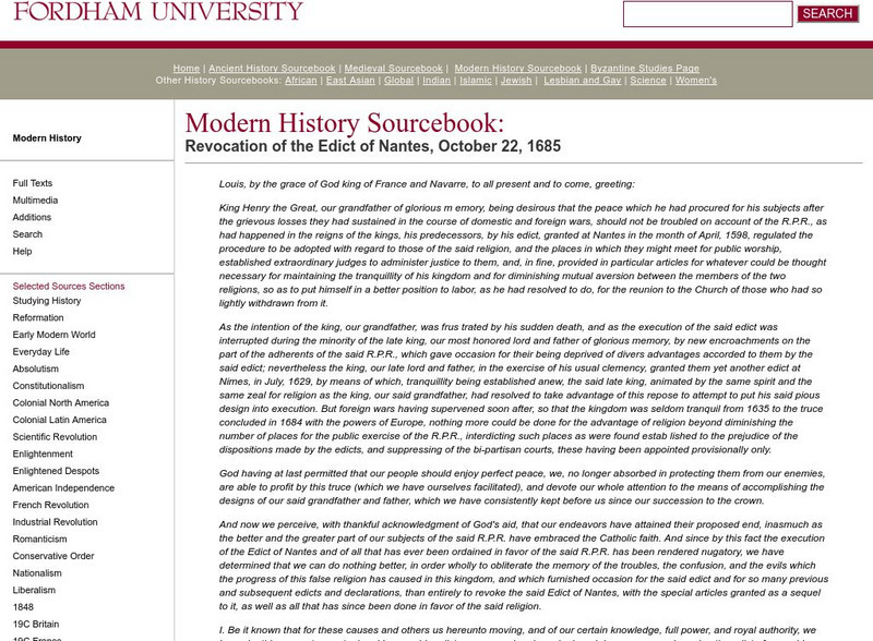 Fordham University: Modern History Sourcebook: Revocation of the Edict of Nantes Primary