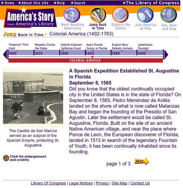 Loc: America's Story: A Spanish Expedition Established St. Augustine in Florida Website Loc: America's Story: A Spanish Expedition Established St. Augustine in Florida Website