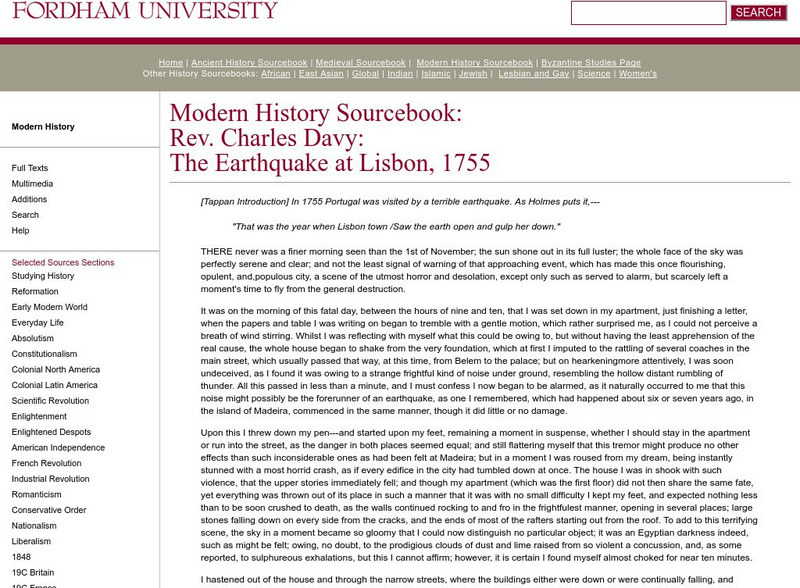 Fordham University: Modern History Sourcebook: The Earthquake at Lisbon, 1755 Handout Fordham University: Modern History Sourcebook: The Earthquake at Lisbon, 1755 Handout