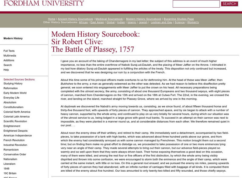 Fordham University: Modern History Sourcebook: The Battle of Plassey 1757 Primary Fordham University: Modern History Sourcebook: The Battle of Plassey 1757 Primary