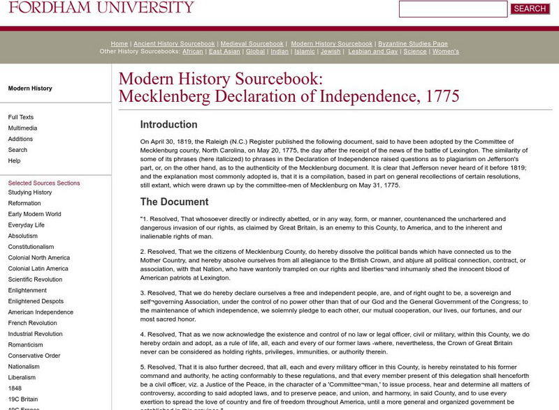 Fordham University: Modern History Sourcebook: Mecklenberg Declaration of Independence Handout