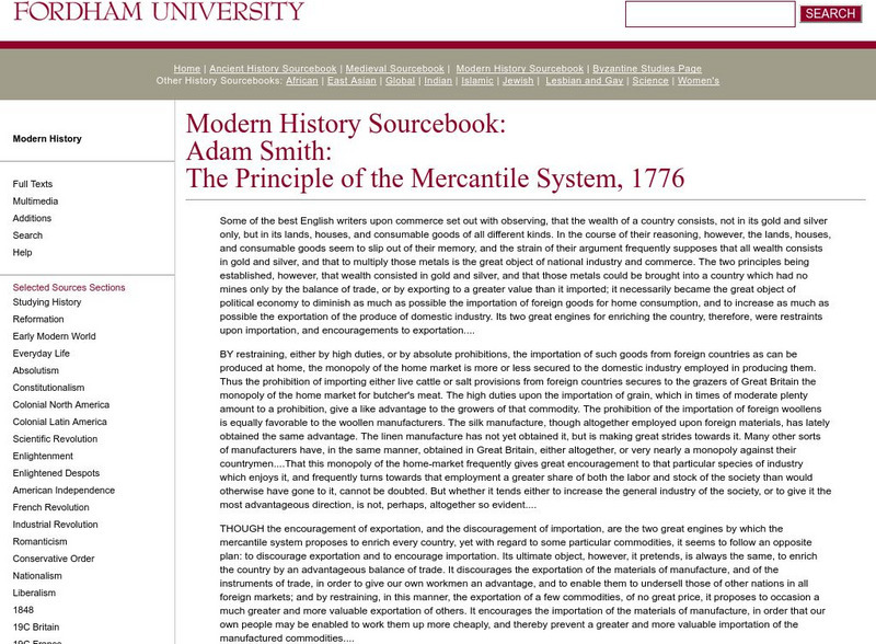 Fordham University: Modern History Sourcebook: Adam Smith Handout