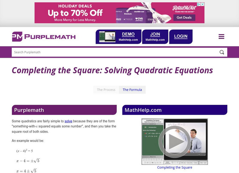 Purplemath: Completing the Square: Solving Quadratic Equations Handout Purplemath: Completing the Square: Solving Quadratic Equations Handout