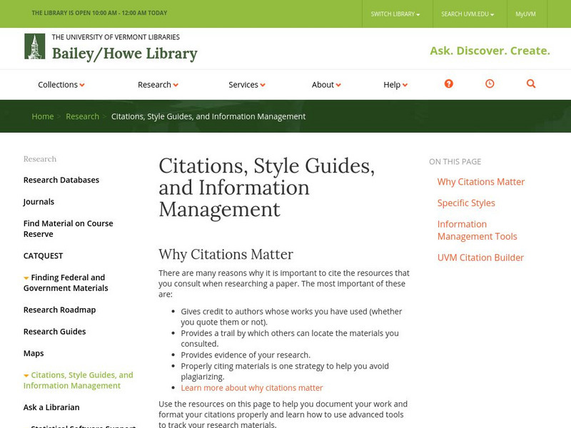 Bailey/howe Library: Citations, Style Guides, and Information Management Handout Bailey/howe Library: Citations, Style Guides, and Information Management Handout
