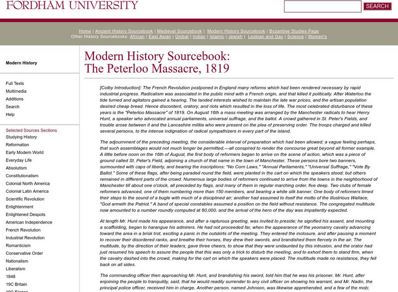 Fordham University: Modern History Sourcebook: The Peterloo Massacre, 1819 Primary Fordham University: Modern History Sourcebook: The Peterloo Massacre, 1819 Primary