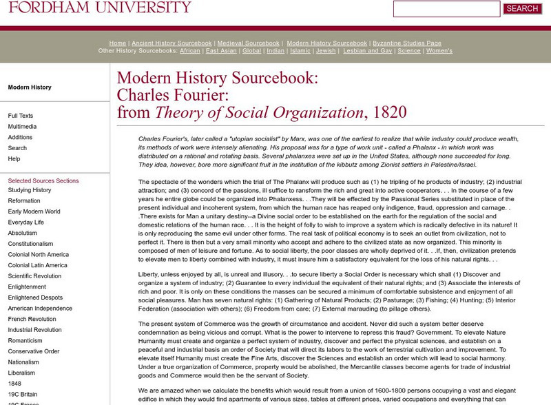 Fordham University: Modern History Sourcebook: Charles Fourier Handout