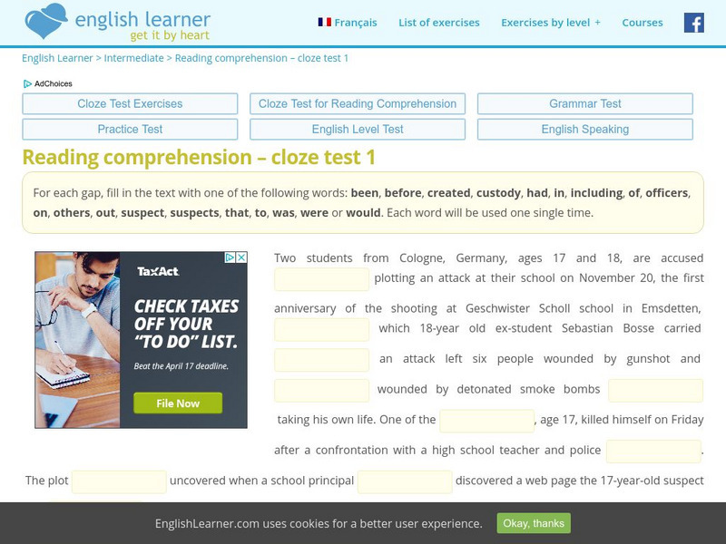 English learner.com: Reading Comprehension Cloze Test 1 Unknown Type English learner.com: Reading Comprehension Cloze Test 1 Unknown Type