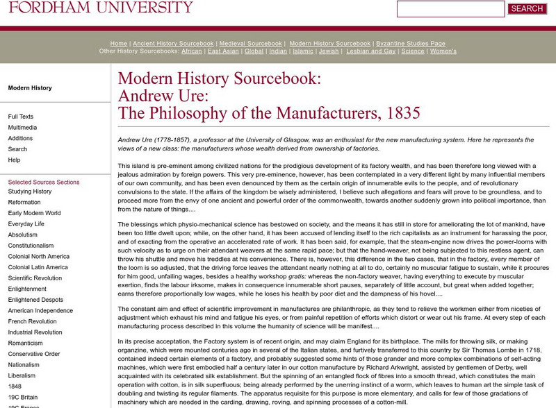 Fordham University: Modern History Sourcebook: Philosophy of the Manufacturers 1835 Article Fordham University: Modern History Sourcebook: Philosophy of the Manufacturers 1835 Article