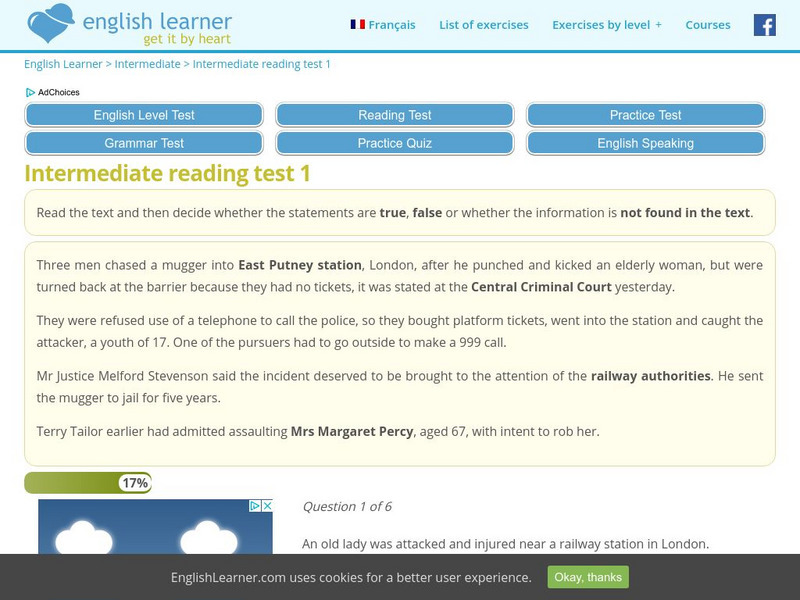 English learner.com: Intermediate Reading Test 1 Unknown Type