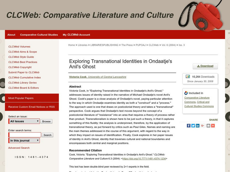 Clc Web: Exploring Transnational Identities in Ondaatje's Anil's Ghost Website