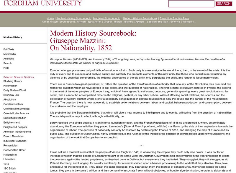 Fordham University: Modern History Sourcebook: Giuseppe Mazzini Primary Fordham University: Modern History Sourcebook: Giuseppe Mazzini Primary