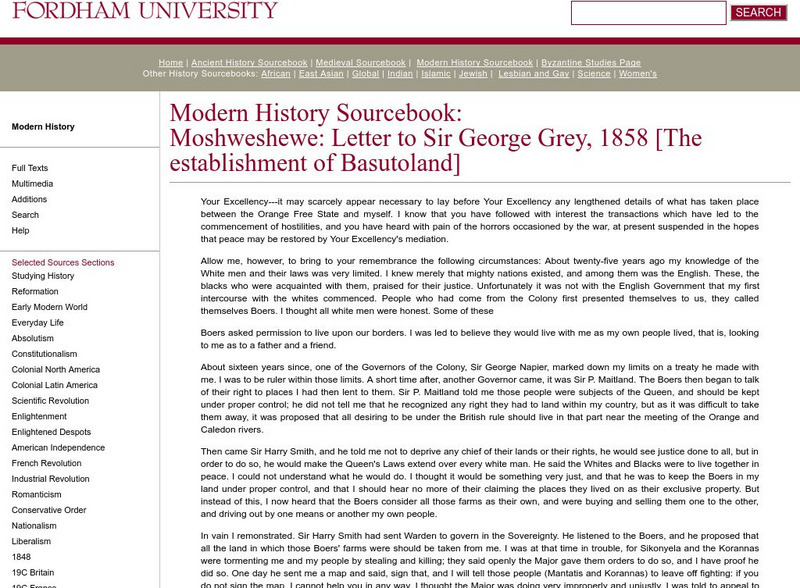 Fordham University: Modern History Sourcebook: Letter to Sir George Grey Primary Fordham University: Modern History Sourcebook: Letter to Sir George Grey Primary