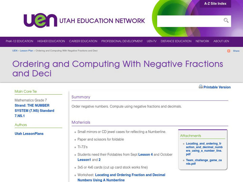 Uen: Ordering and Computing With Negative Fractions and Decimals Lesson Plan
