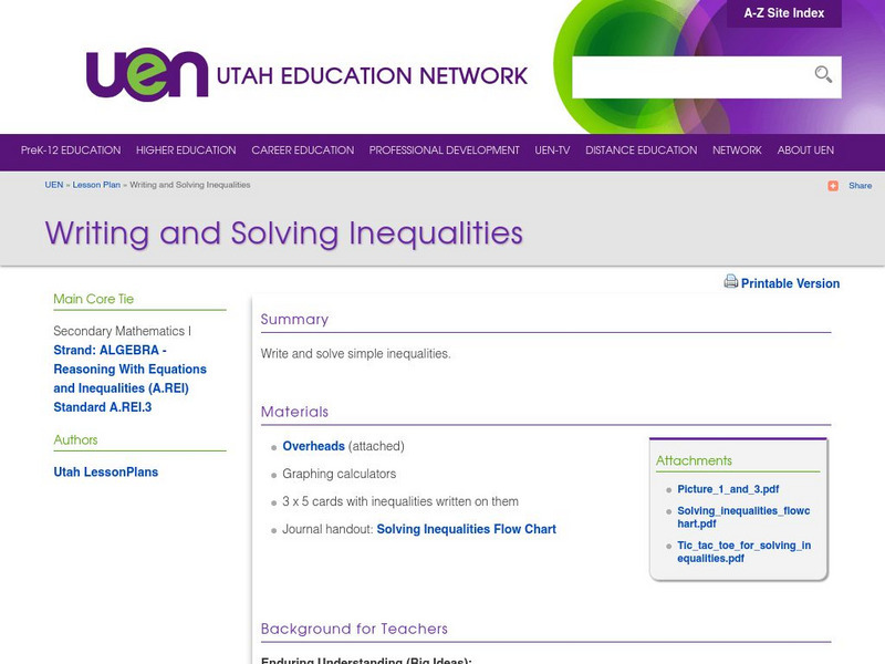 Uen: Writing and Solving Inequalities Lesson Plan Uen: Writing and Solving Inequalities Lesson Plan
