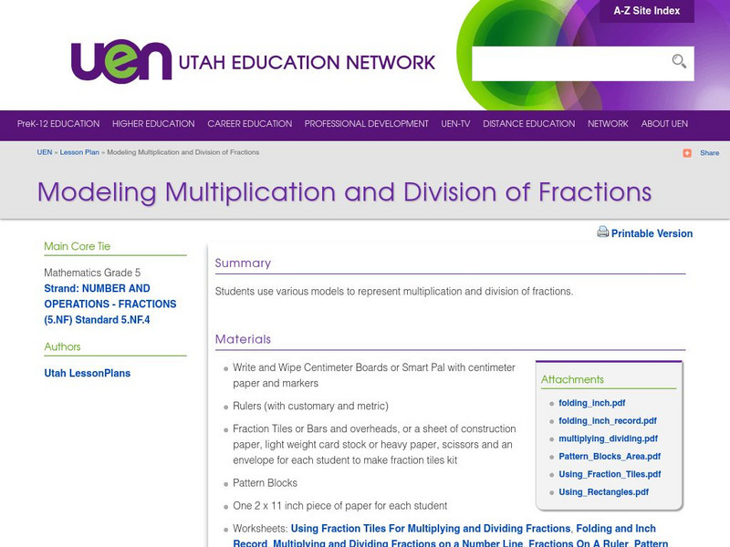 Uen: Modeling Multiplication and Division of Fractions Lesson Plan Uen: Modeling Multiplication and Division of Fractions Lesson Plan
