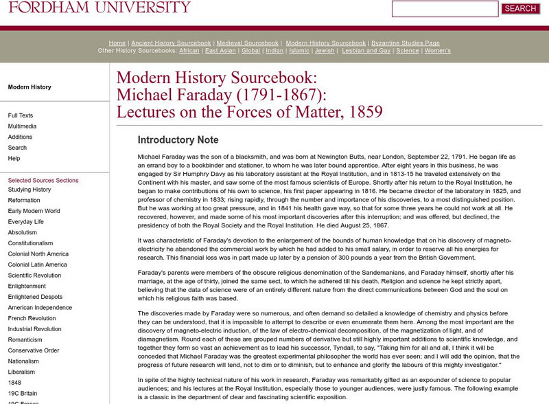 Fordham University: Modern History Sourcebook: Michael Faraday (1791 1867) Article Fordham University: Modern History Sourcebook: Michael Faraday (1791 1867) Article