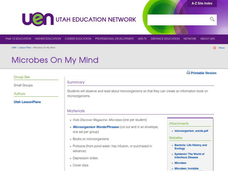Uen: Lesson Plan: Microbes on My Mind Lesson Plan Uen: Lesson Plan: Microbes on My Mind Lesson Plan