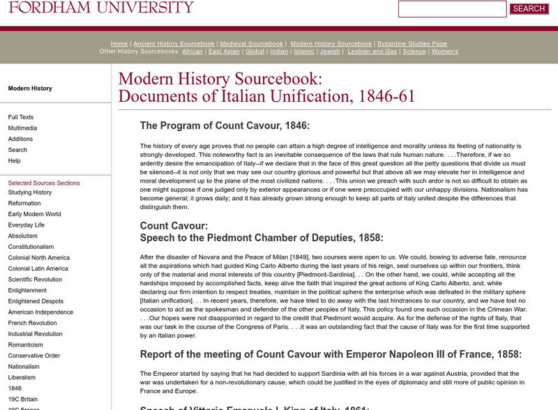Fordham University: Modern History Sourcebook: Documents of Italian Unification Primary Fordham University: Modern History Sourcebook: Documents of Italian Unification Primary
