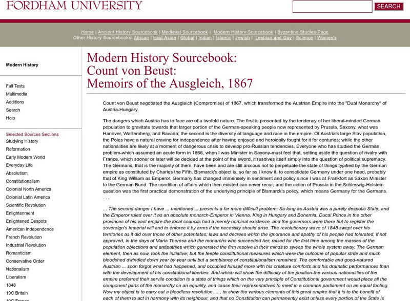 Fordham University: Modern History Sourcebook: Memoirs of the Ausgleich, 1867 Primary Fordham University: Modern History Sourcebook: Memoirs of the Ausgleich, 1867 Primary
