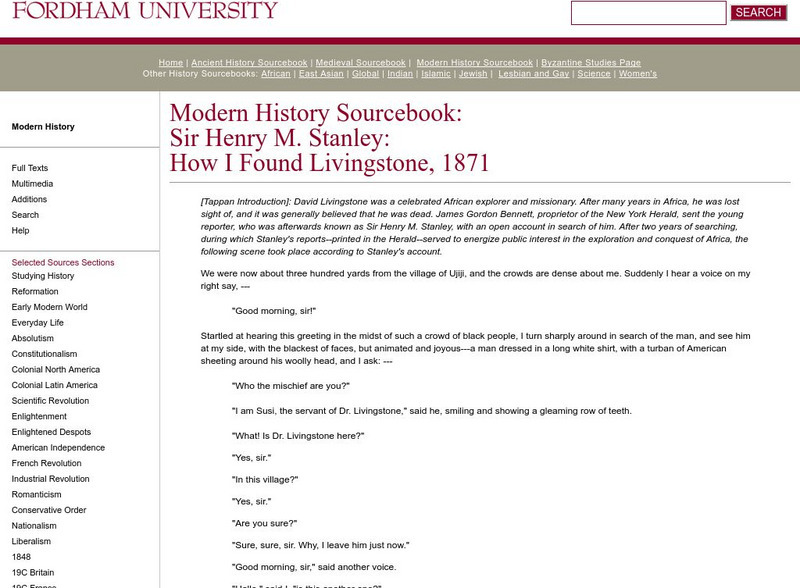 Fordham University: Modern History Sourcebook: How I Found Livingstone, 1871 Article Fordham University: Modern History Sourcebook: How I Found Livingstone, 1871 Article