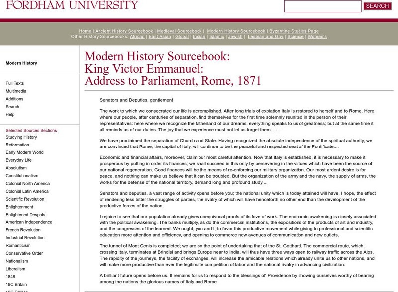 Fordham University: Modern History Sourcebook: King Emmanuel's Address to the Parliment Primary Fordham University: Modern History Sourcebook: King Emmanuel's Address to the Parliment Primary