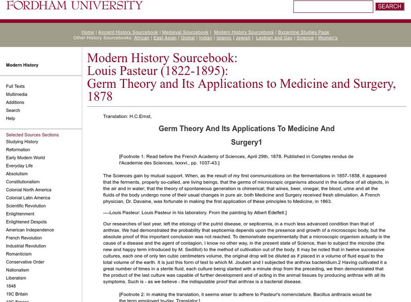 Fordham University: Modern History Sourcebook: Louis Pasteur Article
