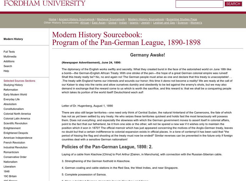 Fordham University: Modern History Sourcebook: Program of the Pan German League, 1890 1898 Primary Fordham University: Modern History Sourcebook: Program of the Pan German League, 1890 1898 Primary
