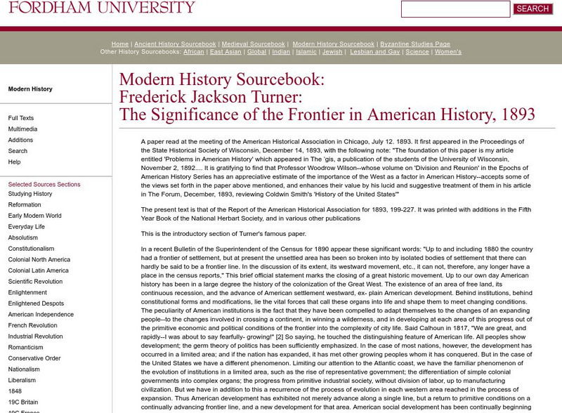 Fordham University: Modern History Sourcebook: Frederick Jackson Turner Primary