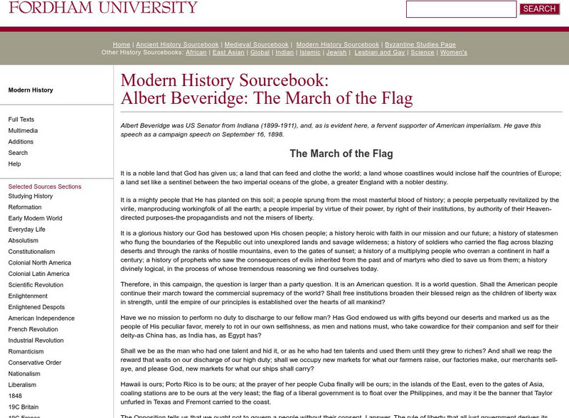 Fordham University: Modern History Sourcebook: Albert Beveridge Primary Fordham University: Modern History Sourcebook: Albert Beveridge Primary