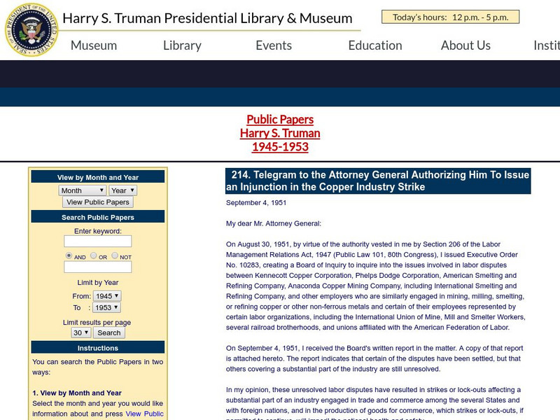 Truman Library: Telegram: Injunction in the Copper Industry Strike Primary Truman Library: Telegram: Injunction in the Copper Industry Strike Primary