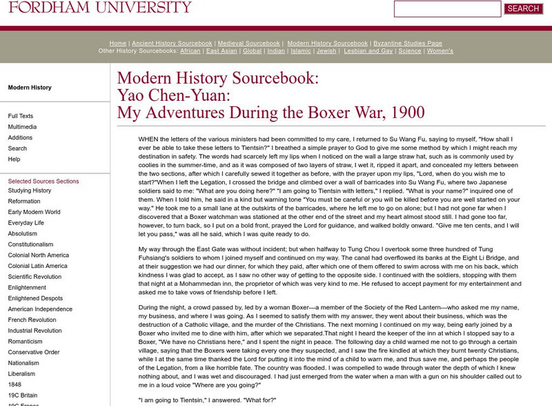 Fordham University: Modern History Sourcebook: Yao Chen Yuan Primary