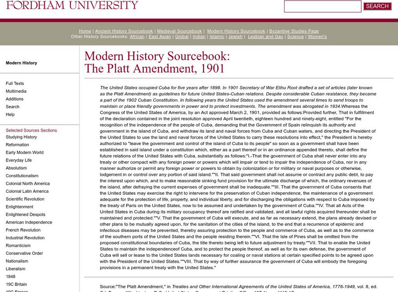 Fordham University: Modern History Sourcebook: The Platt Amendment, 1901 Primary Fordham University: Modern History Sourcebook: The Platt Amendment, 1901 Primary