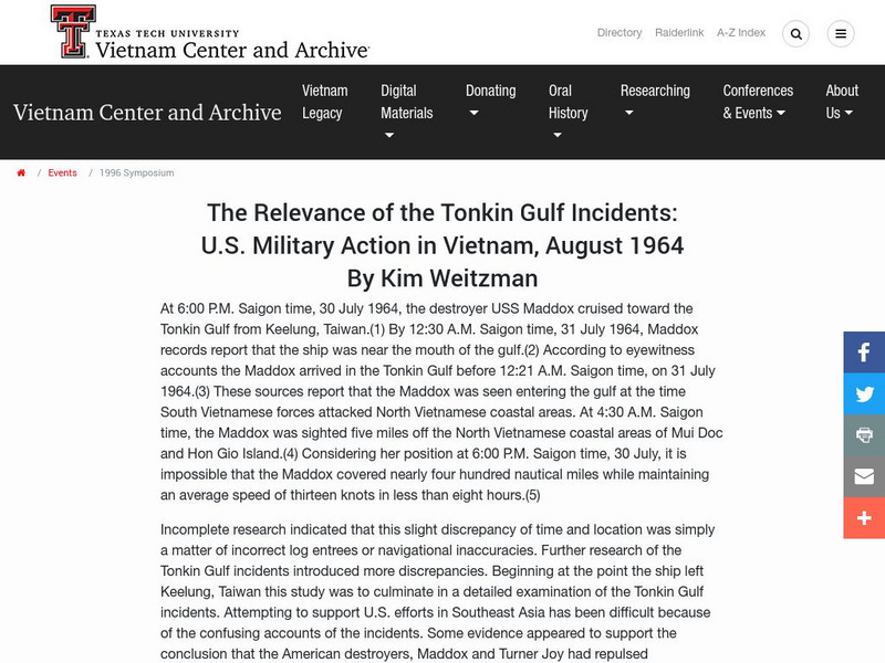 The Vietnam Project: Relevance of Tonkin Gulf Incidents Article The Vietnam Project: Relevance of Tonkin Gulf Incidents Article