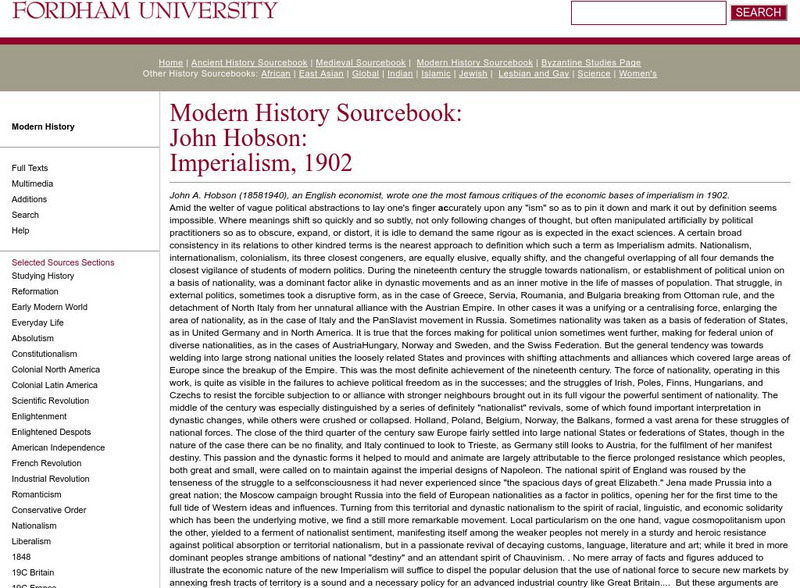 Fordham University: Modern History Sourcebook: John Hobson Imperialism 1902 Article Fordham University: Modern History Sourcebook: John Hobson Imperialism 1902 Article