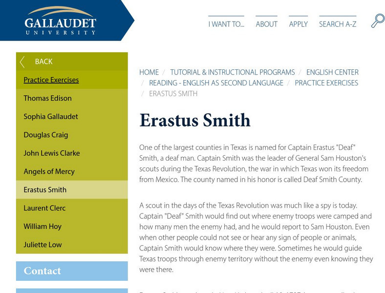 Gallaudet University: Reading Exercise: Erastus Smith Handout Gallaudet University: Reading Exercise: Erastus Smith Handout