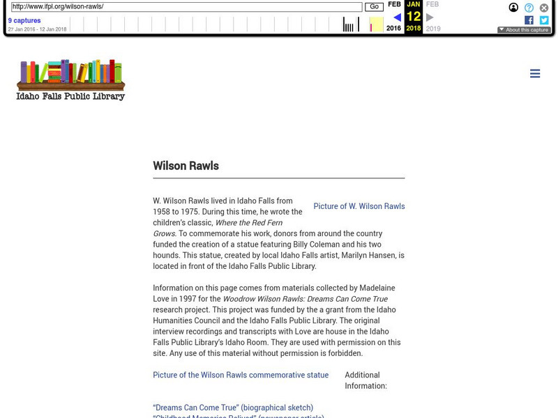 Idaho Falls Public Library: Wilson Rawls Handout Idaho Falls Public Library: Wilson Rawls Handout