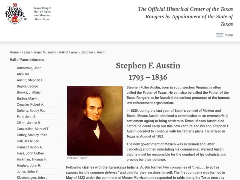 Texas Ranger Hall of Fame and Museum: Stephen F. Austin Article Texas Ranger Hall of Fame and Museum: Stephen F. Austin Article