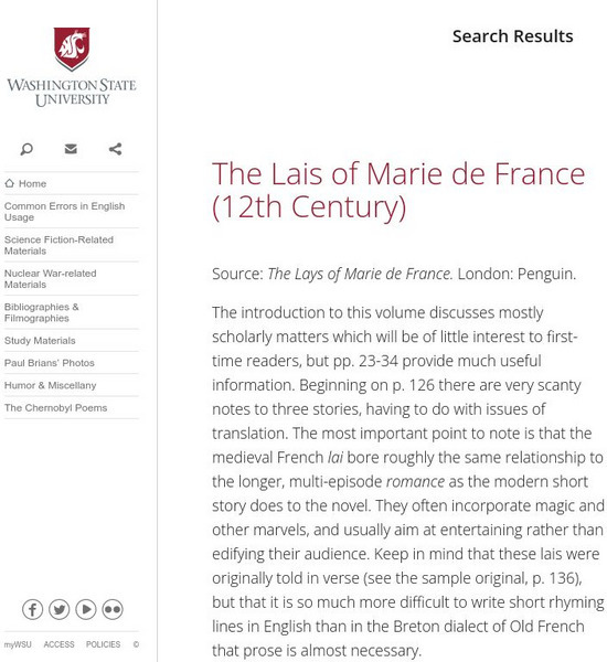 Washington State University: The Lais of Marie De France Study Guide (12Th Century) Unit Plan Washington State University: The Lais of Marie De France Study Guide (12Th Century) Unit Plan