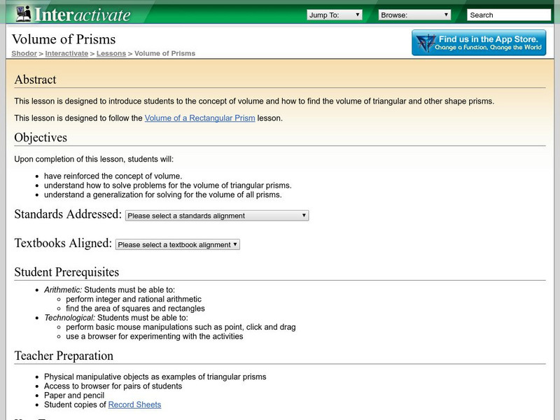 Shodor Interactivate: Lesson: Volume of Prisms Lesson Plan Shodor Interactivate: Lesson: Volume of Prisms Lesson Plan