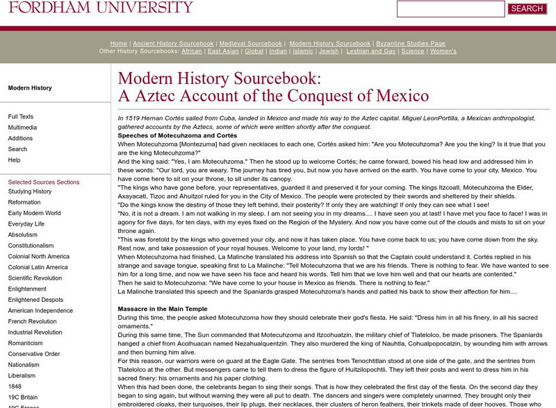 Fordham University: Modern History Sourcebook: An Aztec Account of the Spanish Conquest Primary Fordham University: Modern History Sourcebook: An Aztec Account of the Spanish Conquest Primary