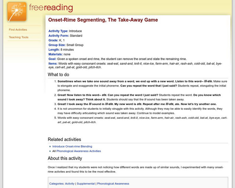 Free Reading: The Take Away Game: Onset Rime Segmenting Unit Plan Free Reading: The Take Away Game: Onset Rime Segmenting Unit Plan