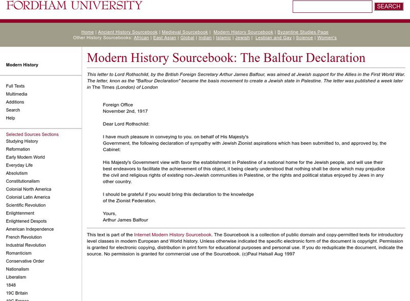 Fordham University: Modern History Sourcebook: The Balfour Declaration 1917 Primary Fordham University: Modern History Sourcebook: The Balfour Declaration 1917 Primary