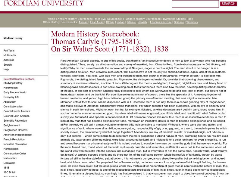 Fordham University: Modern History Sourcebook: Thomas Carlyle on Sir Walter Scott Website Fordham University: Modern History Sourcebook: Thomas Carlyle on Sir Walter Scott Website