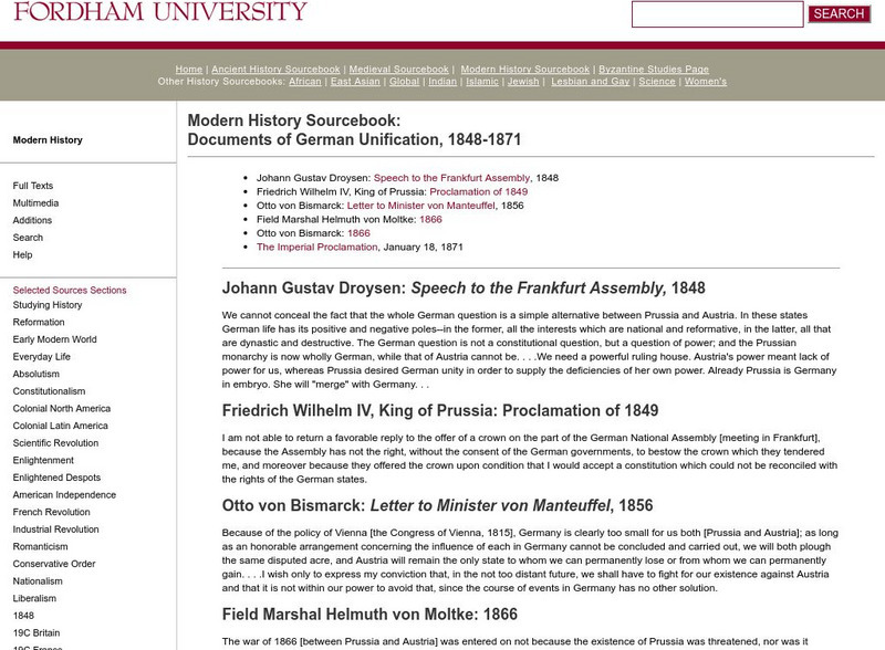 Fordham University: Modern History Sourcebook: Documents of German Unification Primary Fordham University: Modern History Sourcebook: Documents of German Unification Primary