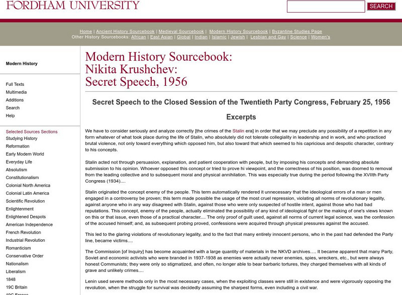 Fordham University: Modern History Sourcebook: Khrushchev's Secret Speech Primary Fordham University: Modern History Sourcebook: Khrushchev's Secret Speech Primary