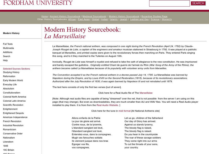 Fordham University: Modern History Sourcebook: La Marseillaise Website
