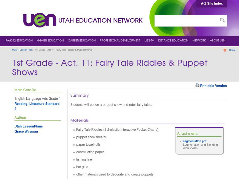 Uen: 1st Grade Act. 11: Fairy Tale Riddles & Puppet Shows Lesson Plan Uen: 1st Grade Act. 11: Fairy Tale Riddles & Puppet Shows Lesson Plan
